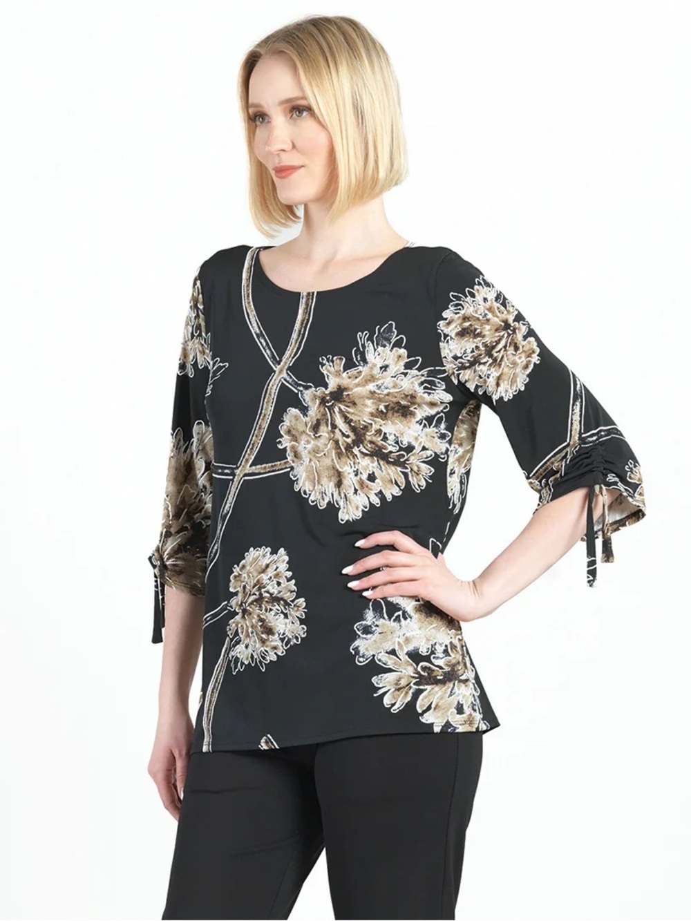 Clara Sunwoo Mum Blossom Floral Print Textured Pull-Tie Cuff Tunic Black Large